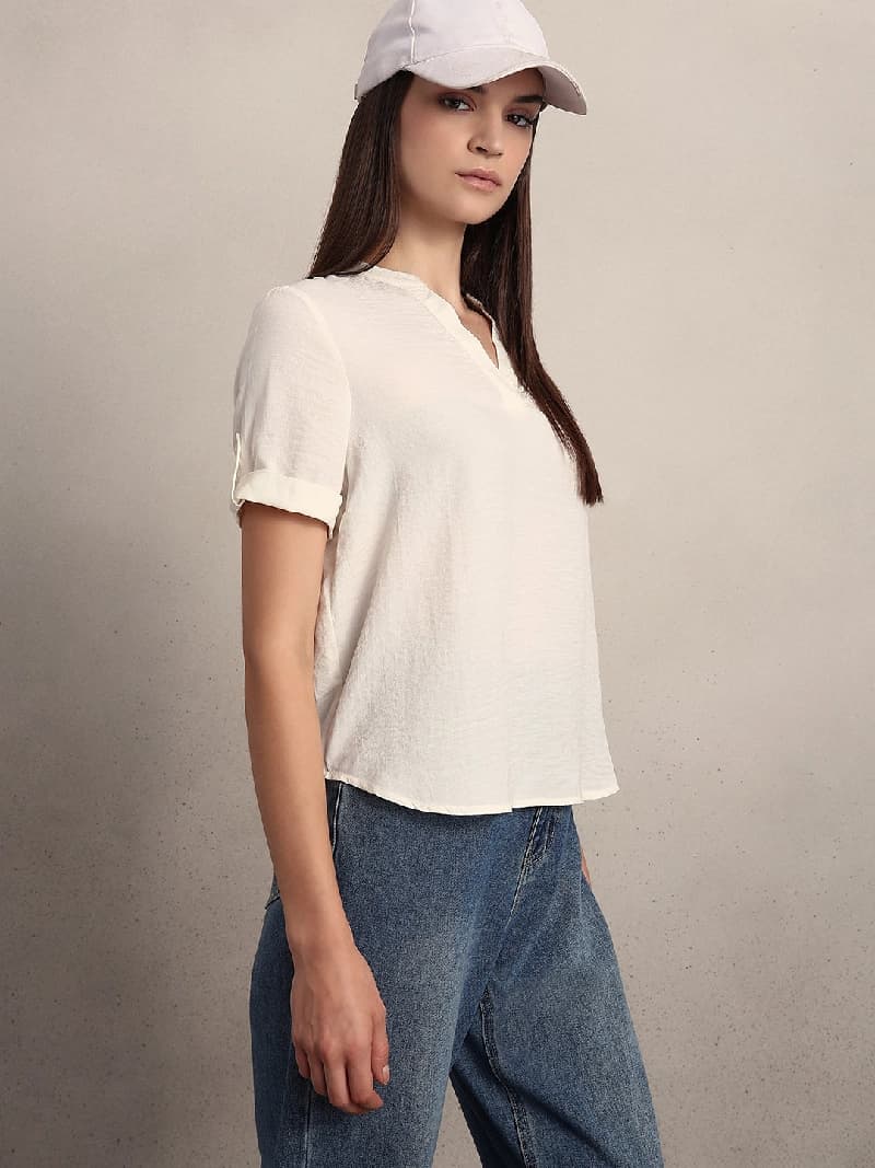Women's White Casual Solid Regular Fit Top