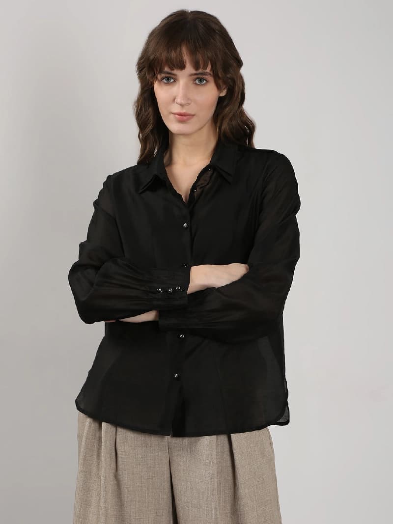 Women's Black Casual Solid Regular Fit Shirt