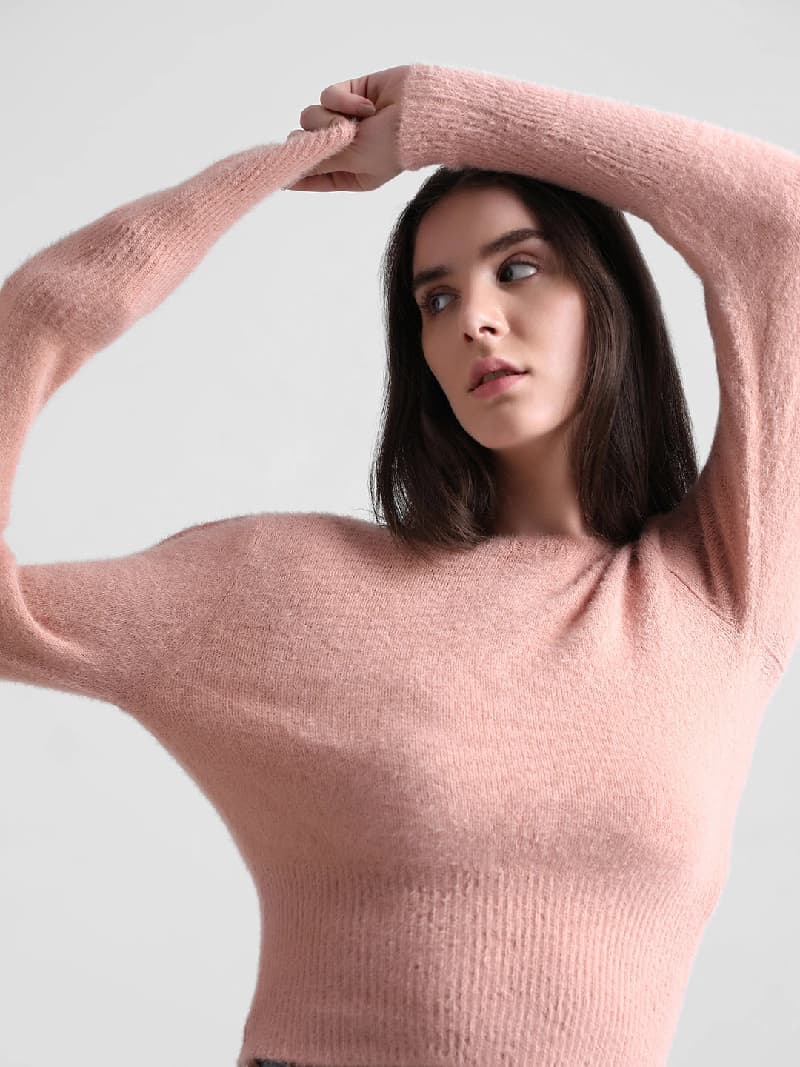 Women's Pink Solid Casual Fluffy Pullover