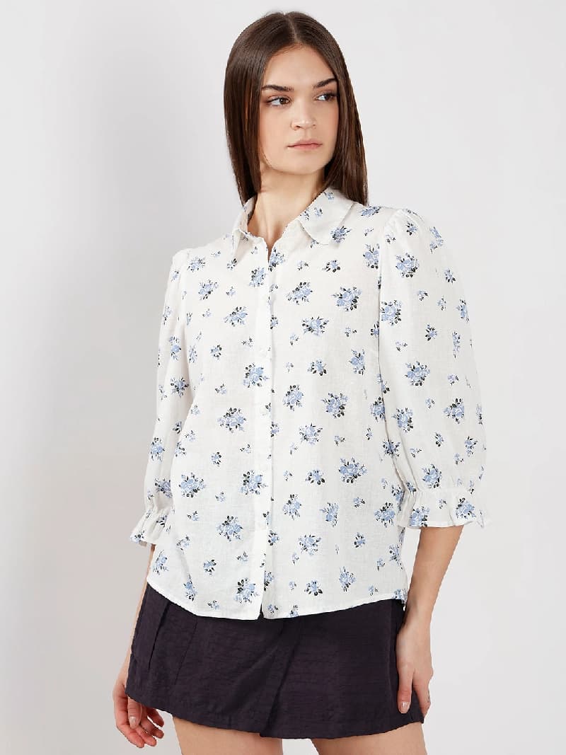 Women's White Casual Printed Regular Fit Shirt