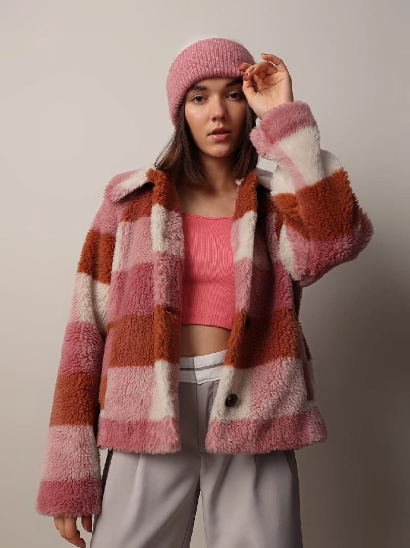 Women's Pink Casual Checked Regular Fit Jacket
