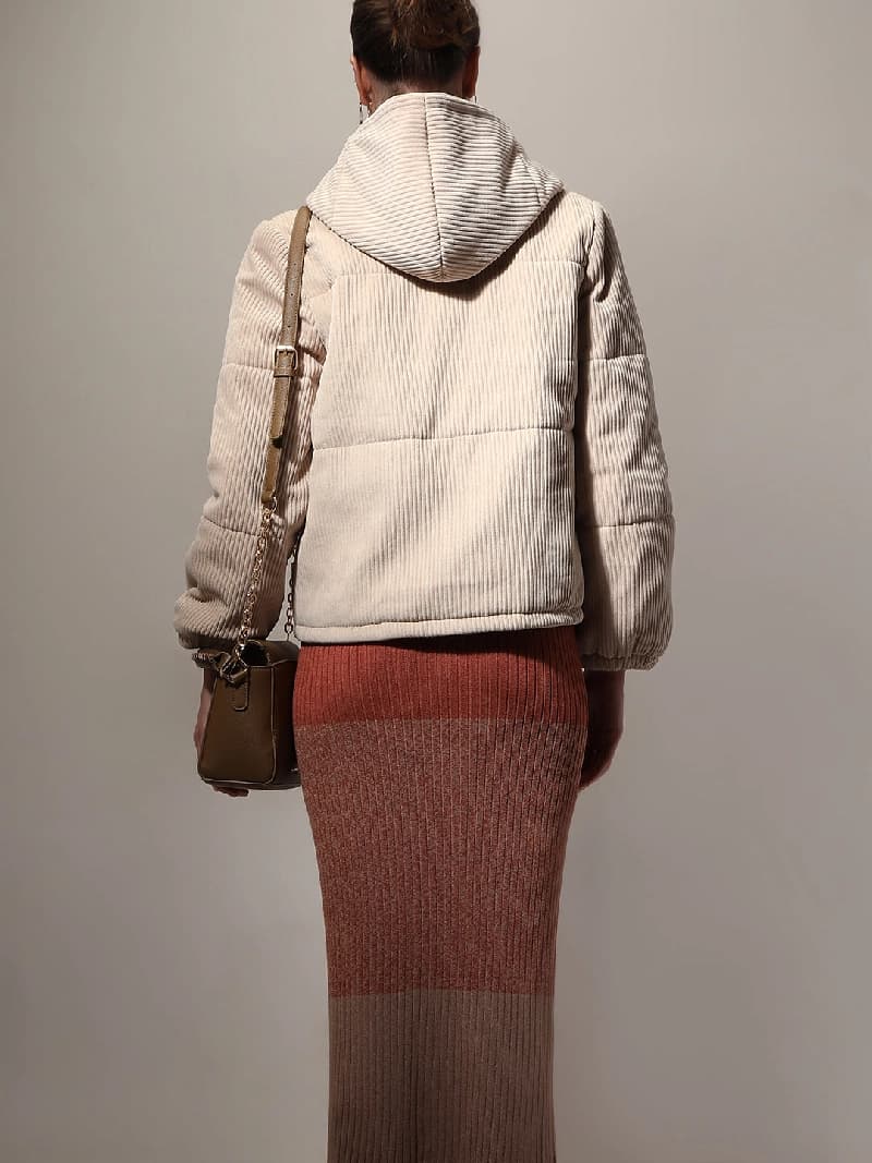 Women's Beige Corduroy Hooded Jacket