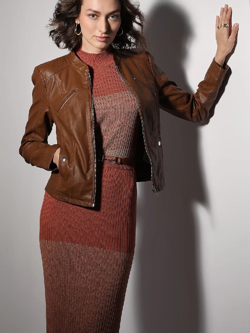 Women's Dark Brown Coated Biker Leather Jacket