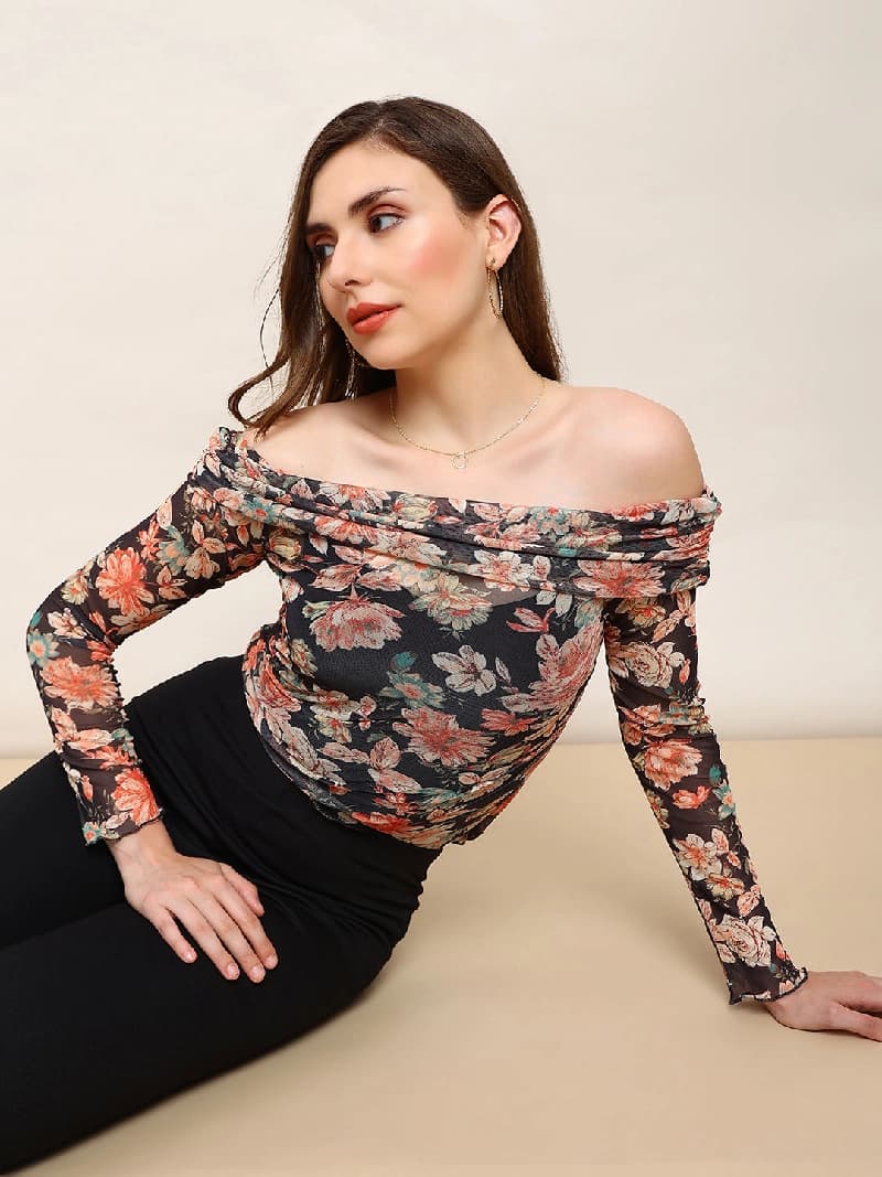 Women's Black Party Floral Slim Fit Top