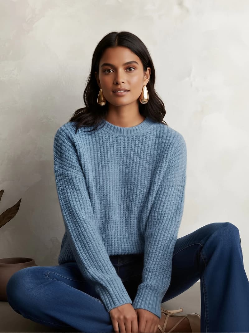 Women's Blue Casual Self-Design Oversized Fit Sweater