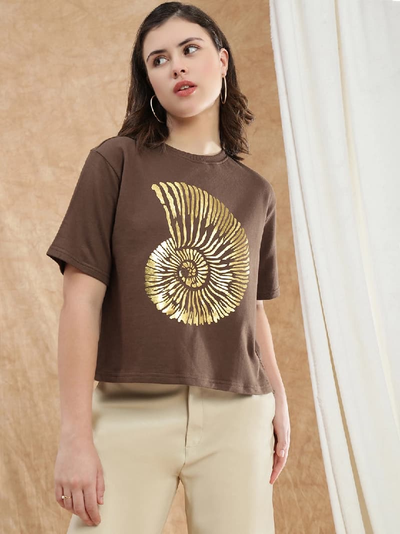 Women's Brown Casual Solid Oversized Fit Tshirt