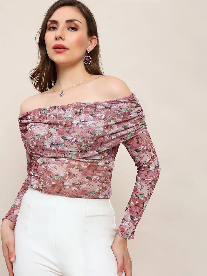 Women's Pink Floral Off Shoulder Long Sleeve Ruched Party Top