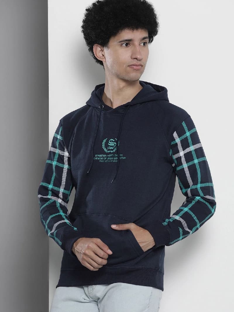 Men's Navy Casual Checked Regular Fit Hoodie