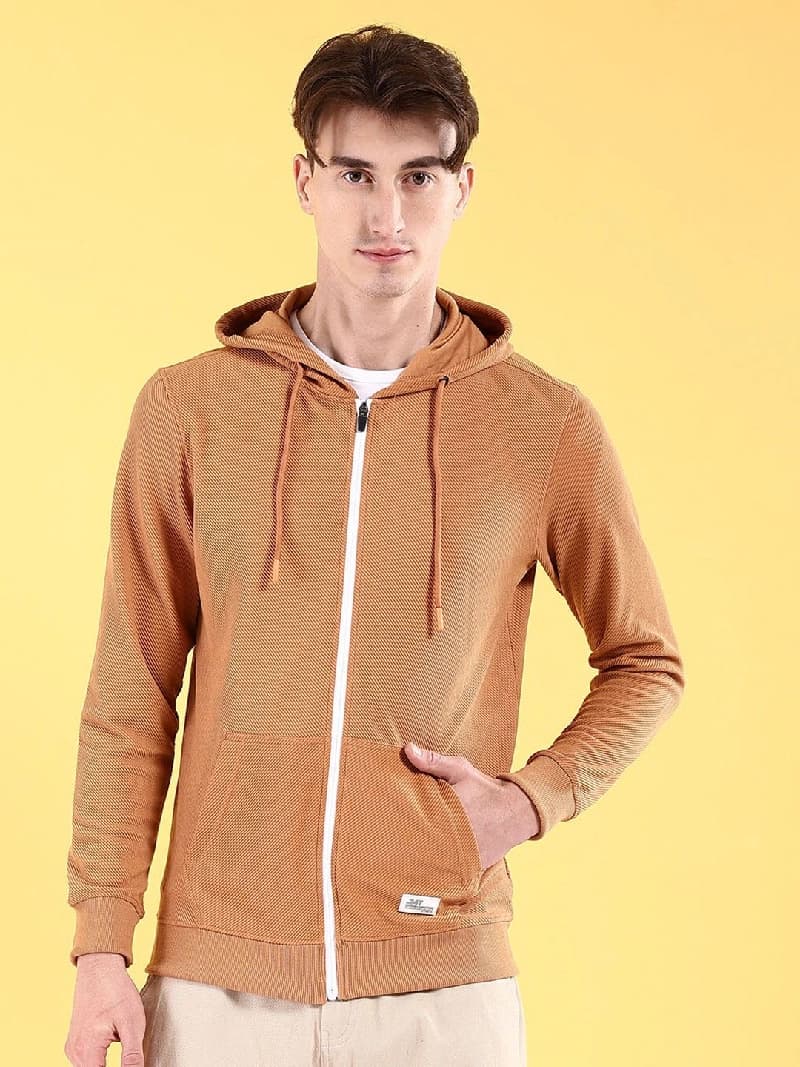 Men's Brown Casual Self-Design Regular Fit Hoodie