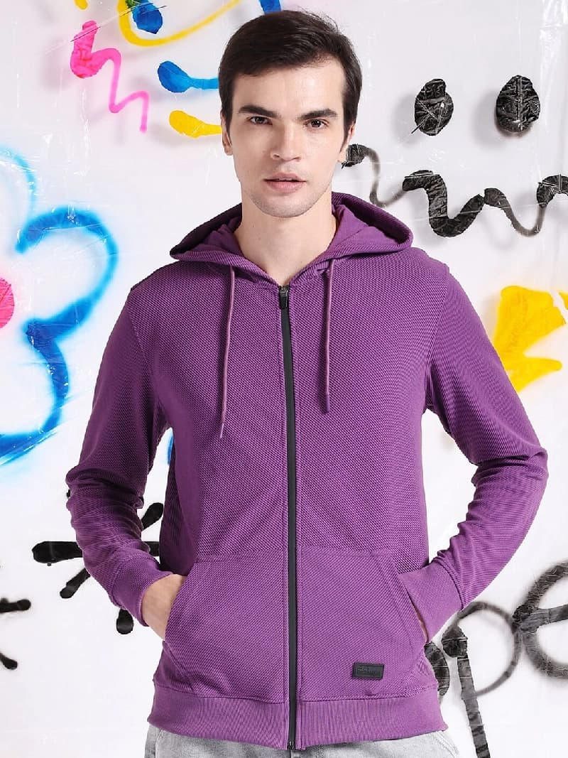 Men's Purple Casual Self-Design Regular Fit Hoodie