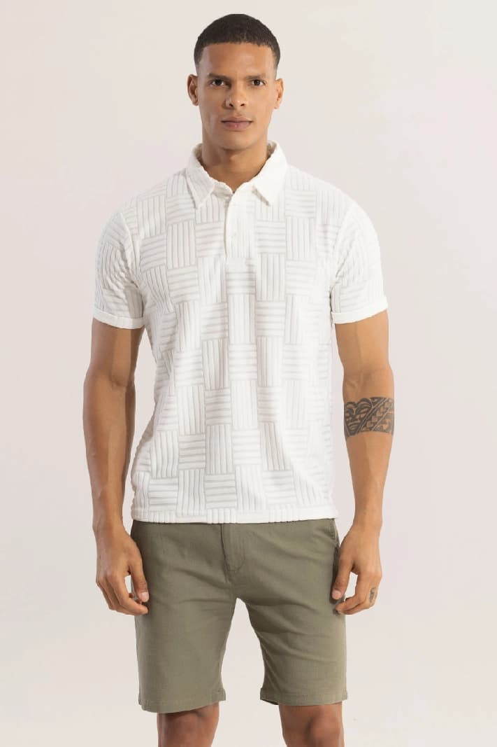 Men's White Casual Textured Slim Fit Polo Tshirt