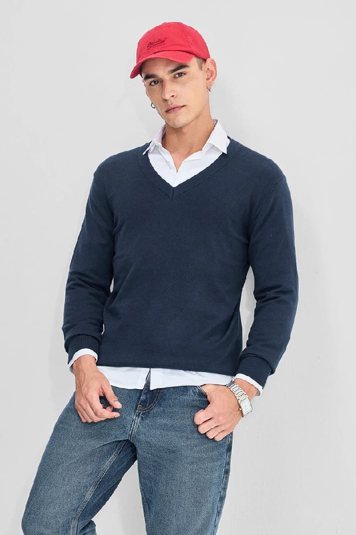 Men's Navy Casual Solid Regular Fit Sweater