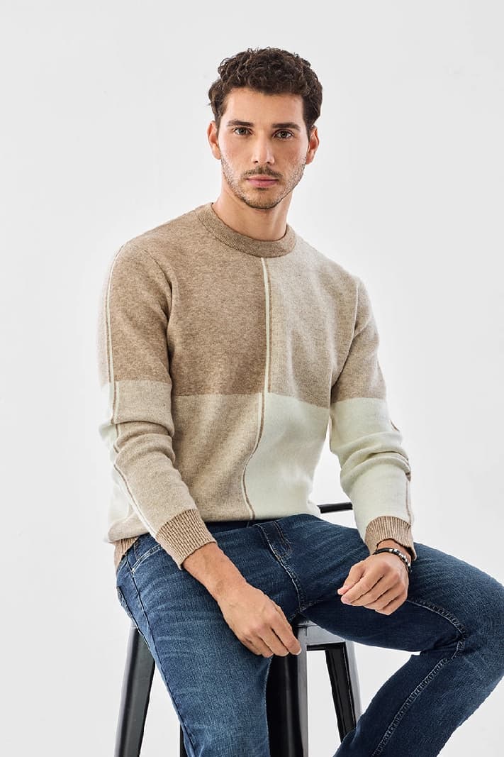 Men's Beige Casual Colorblocked Regular Fit Sweater
