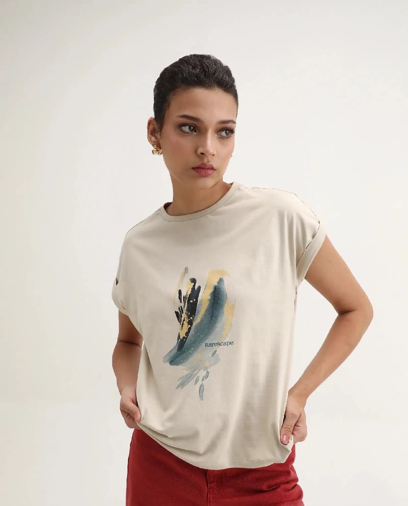Women's Beige Casual Printed Regular Fit Tshirt