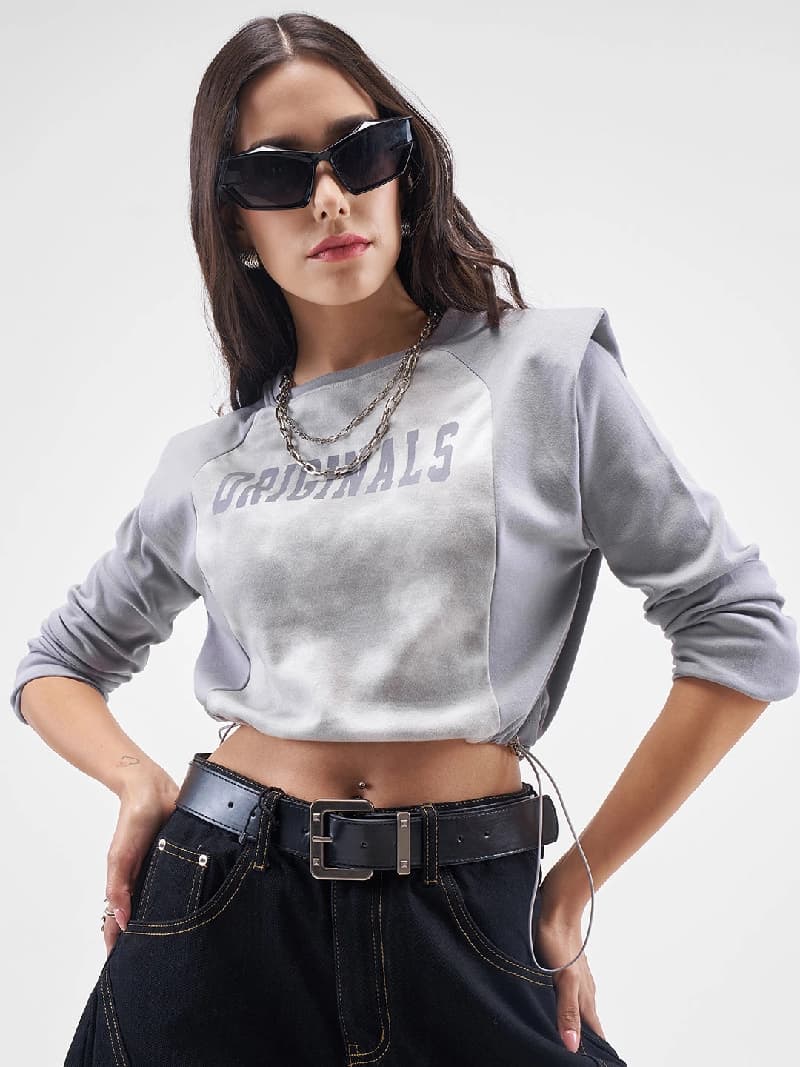Women's Grey Casual Graphic Regular Fit Top