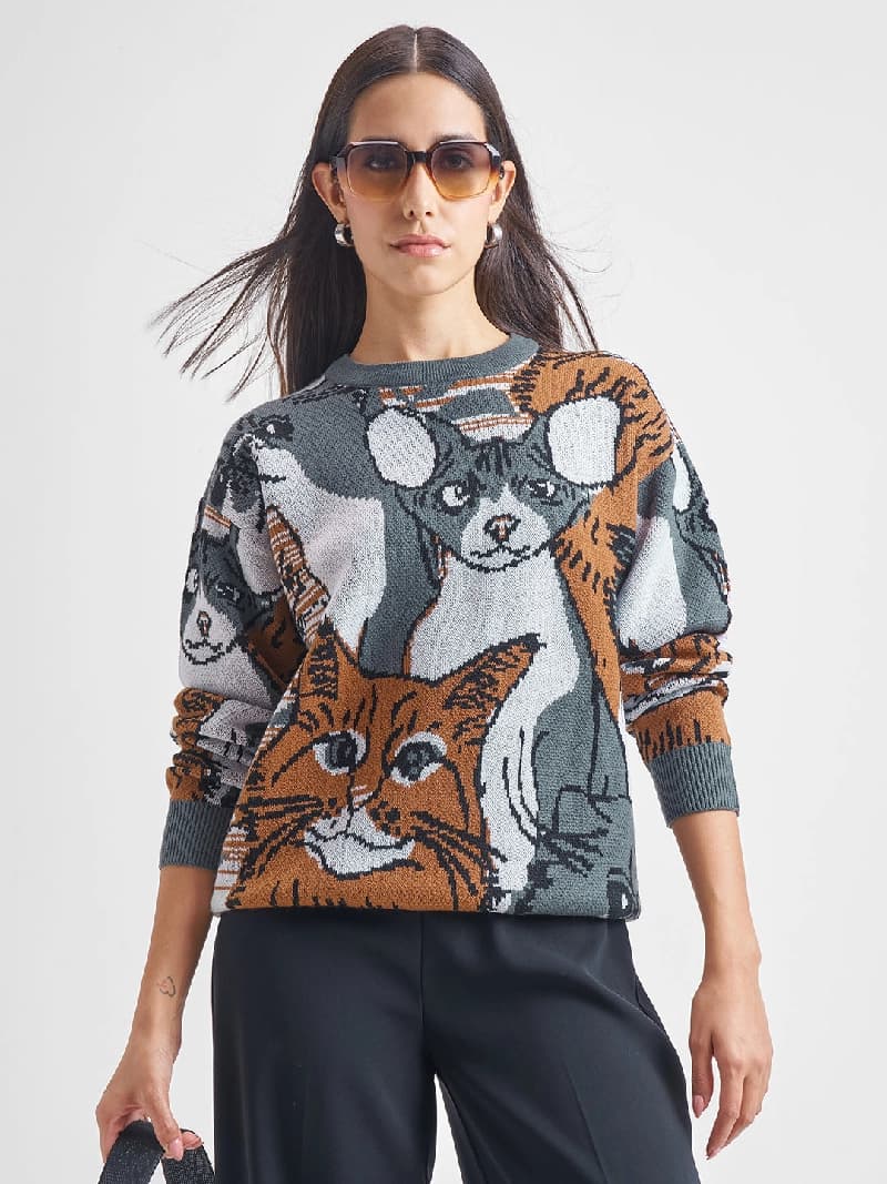 Women's Grey Casual Self-Design Oversized Fit Sweater