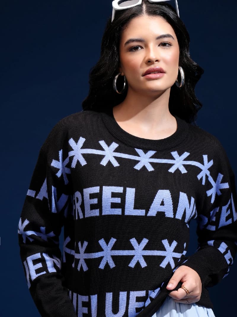 Women's Black Casual Self-Design Oversized Fit Sweater