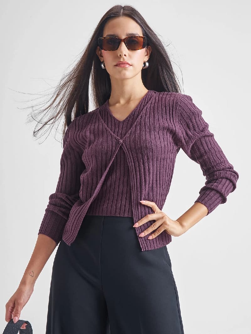 Women's Purple Casual Self-Design Oversized Fit Sweater