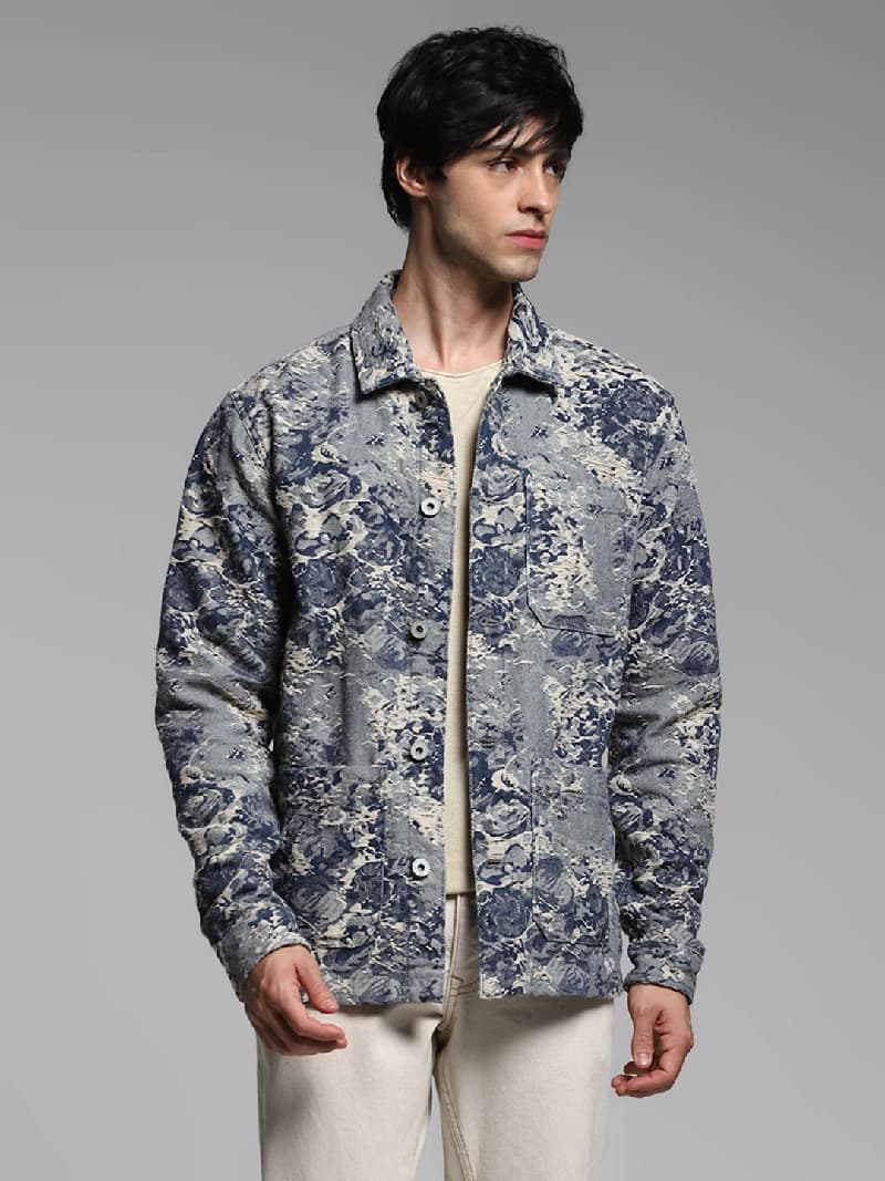 Men's Grey Casual Printed Regular Fit Jacket