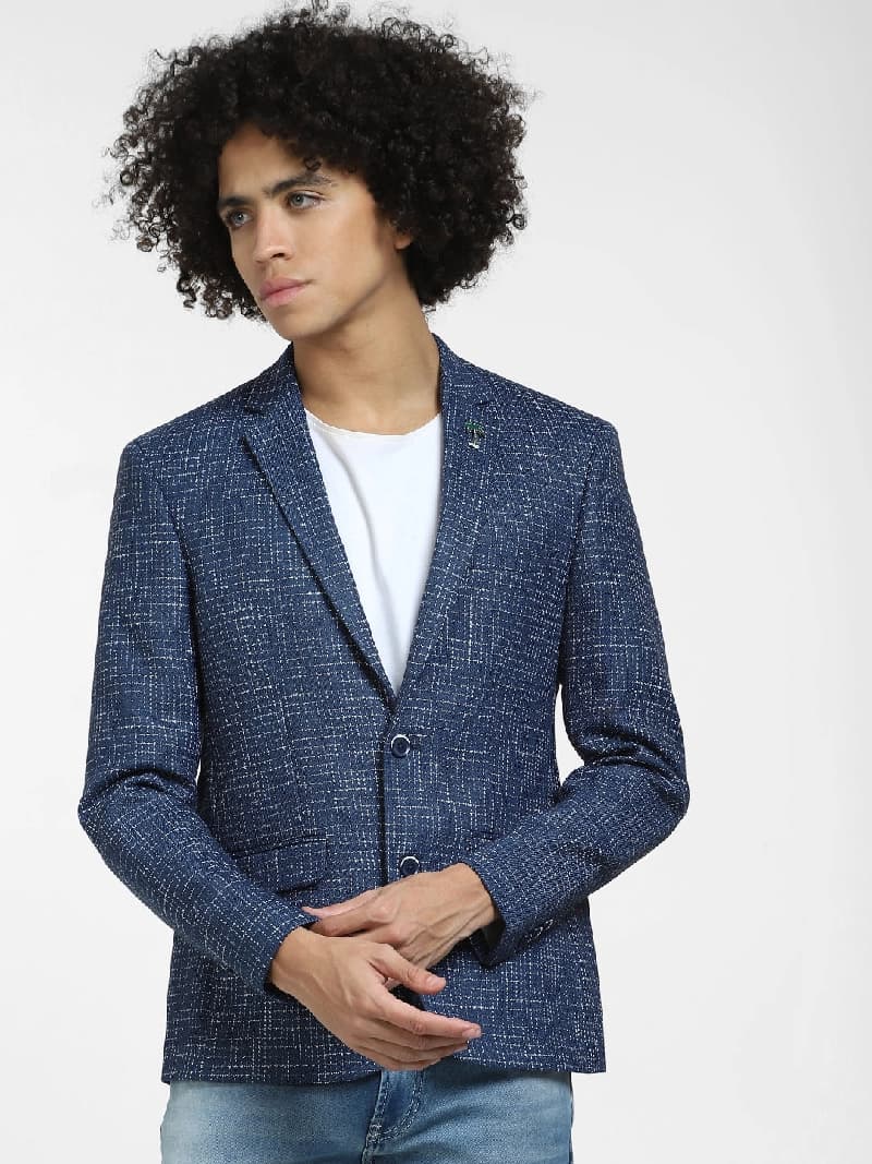 Men's Blue Casual Textured Slim Fit Blazer