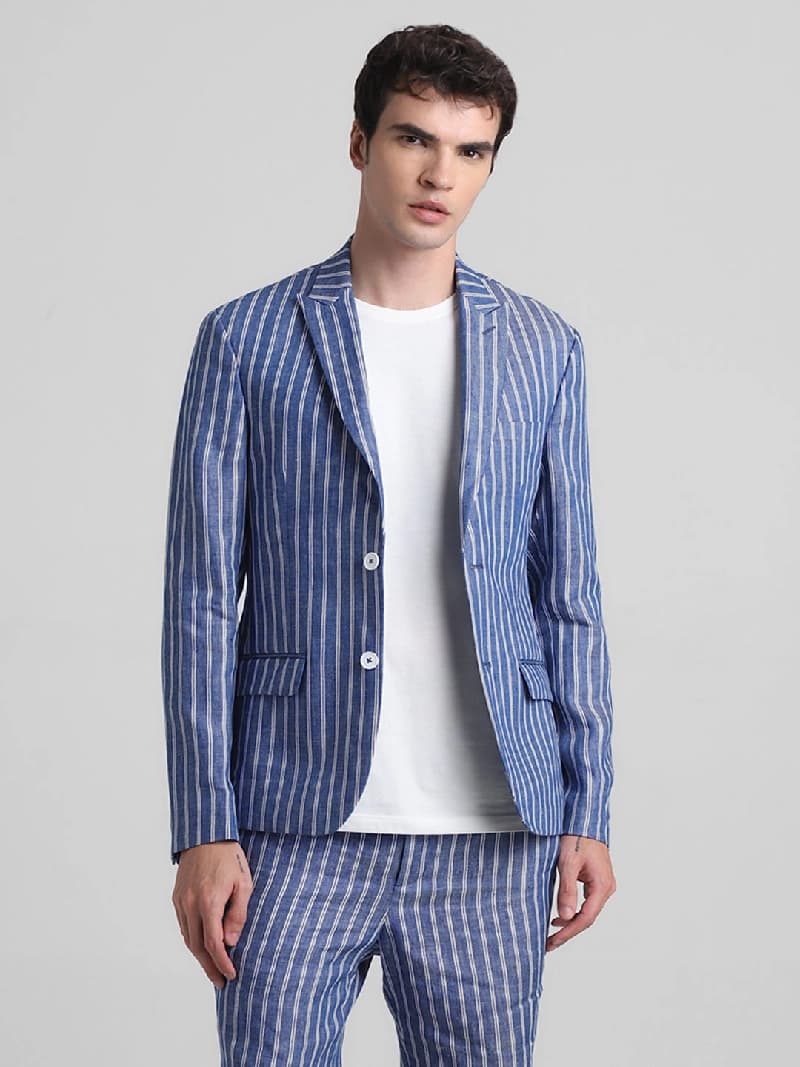 Men's Blue Casual Striped Slim Fit Blazer