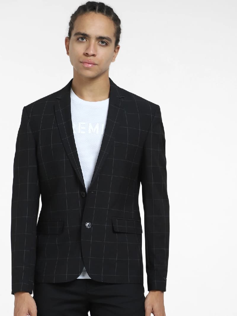 Men's Black Casual Checked Slim Fit Blazer