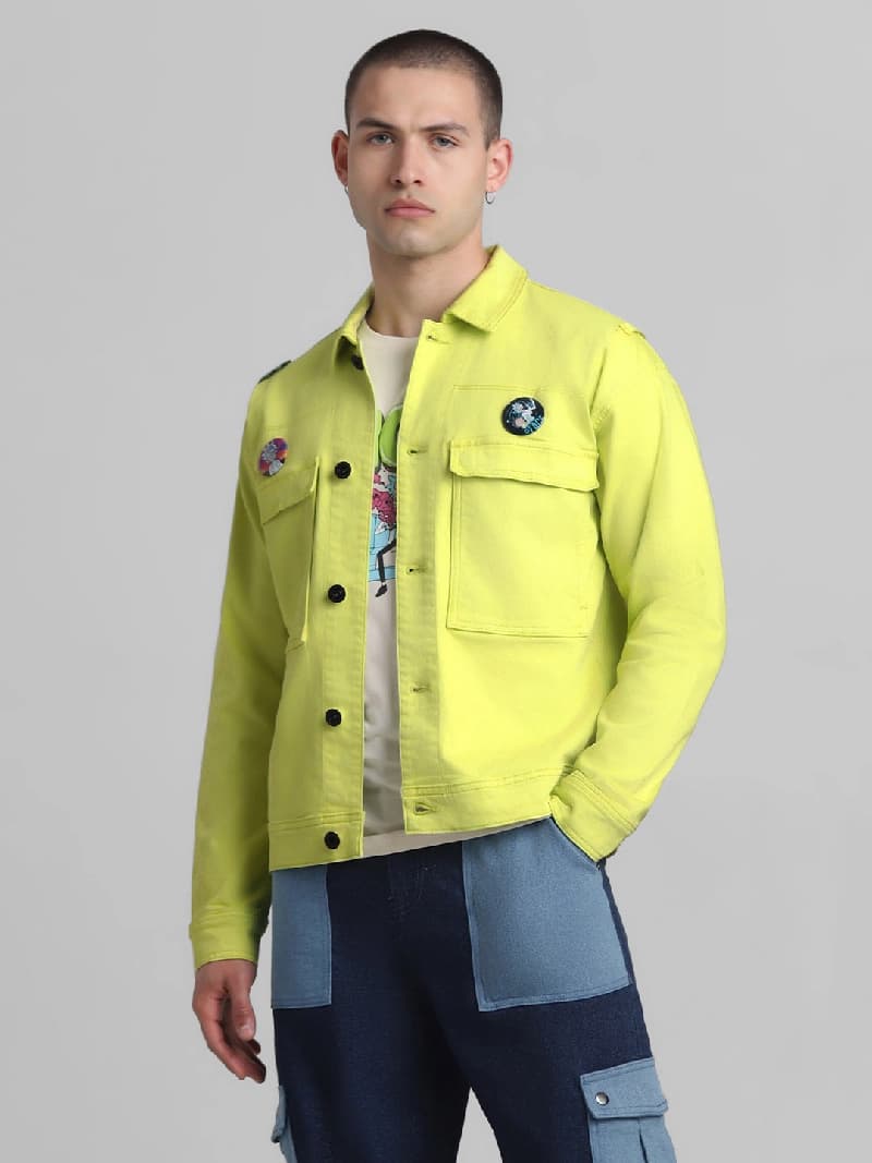 Men's Yellow Casual Solid Regular Fit Jacket