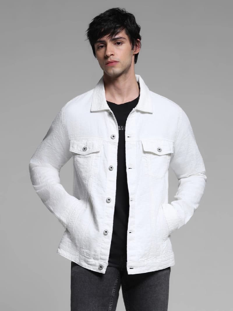 Men's White Casual Floral Regular Fit Jacket