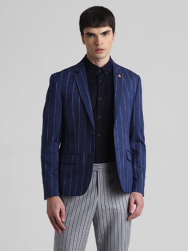 Men's Blue Casual Striped Slim Fit Blazer