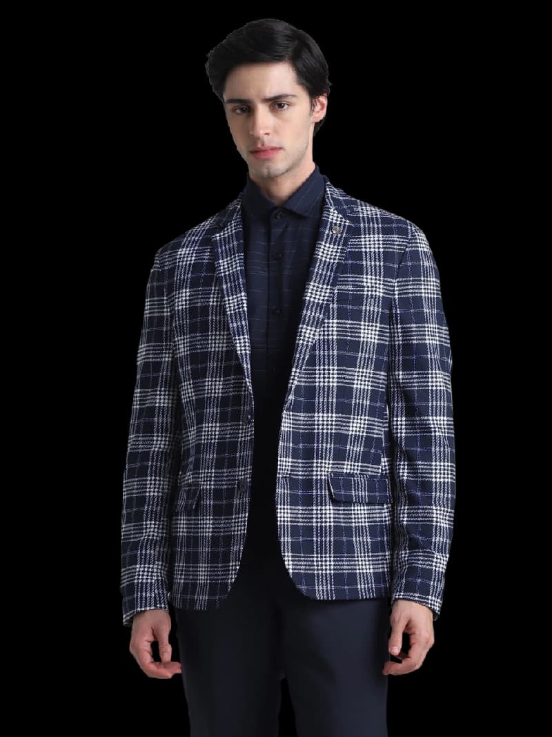 Men's Blue Casual Checked Slim Fit Blazer