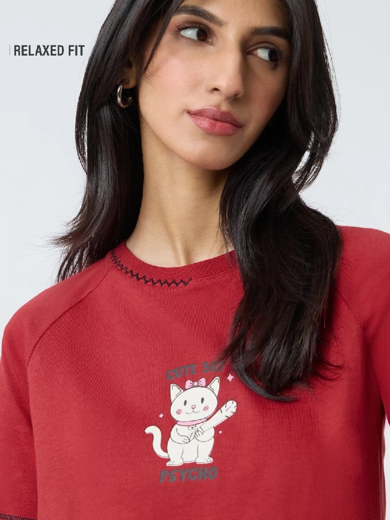 Women's Red Casual Graphic Regular Fit Tshirt