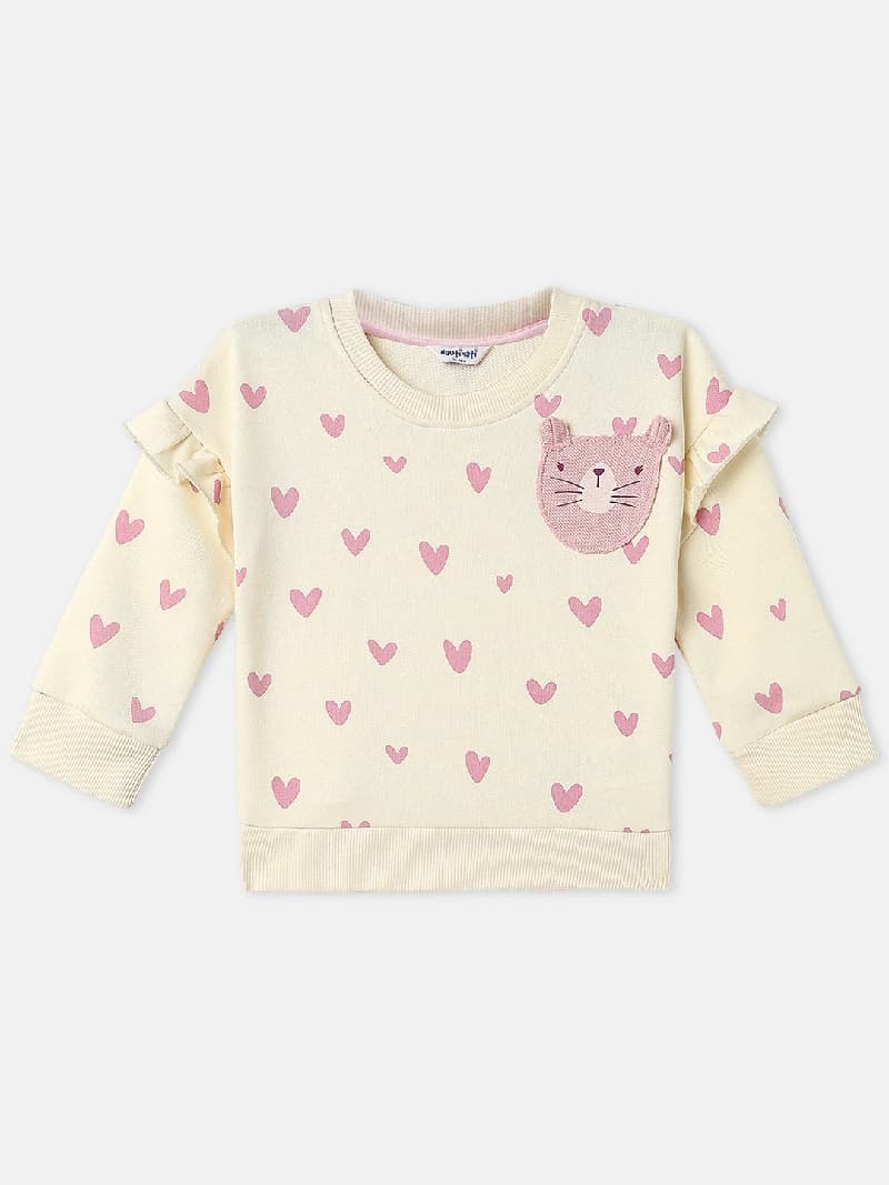 Girls Snow White Heart Printed And Cat Applique Full Sleeves Fleece Sweatshirt