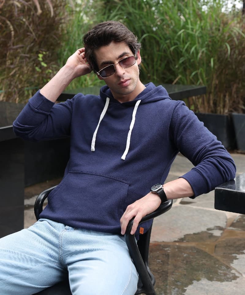 Men's Blue Casual Solid Hoodie
