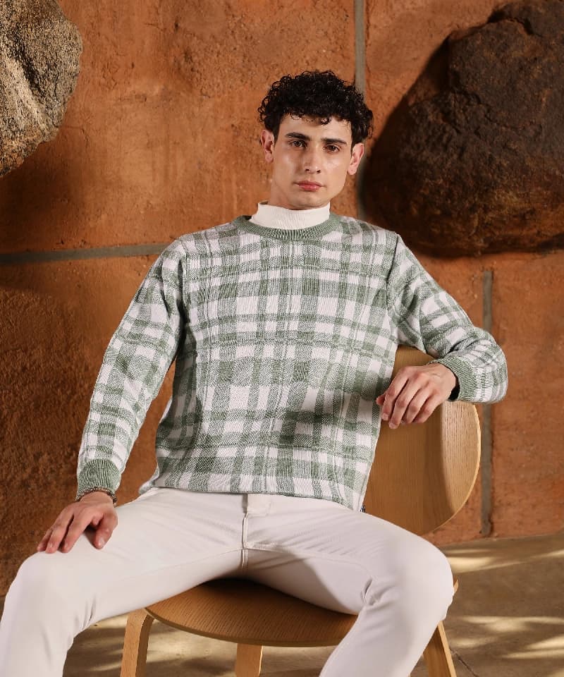 Men's Green Casual Checked Sweater