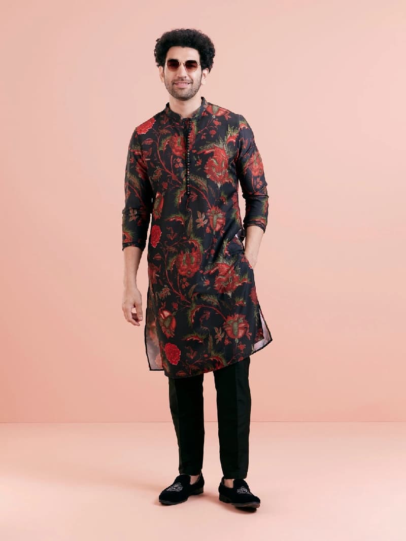 Men's Black Festive Printed Regular Fit Kurta