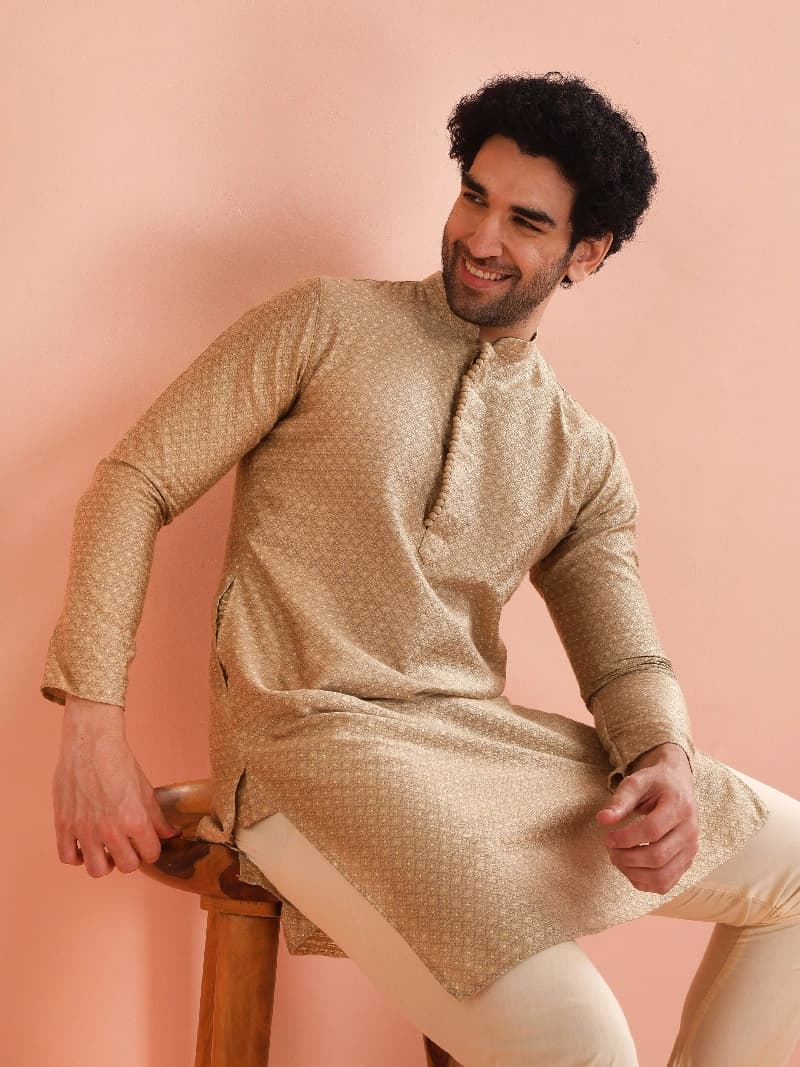 Men's Beige Festive Textured Regular Fit Kurta