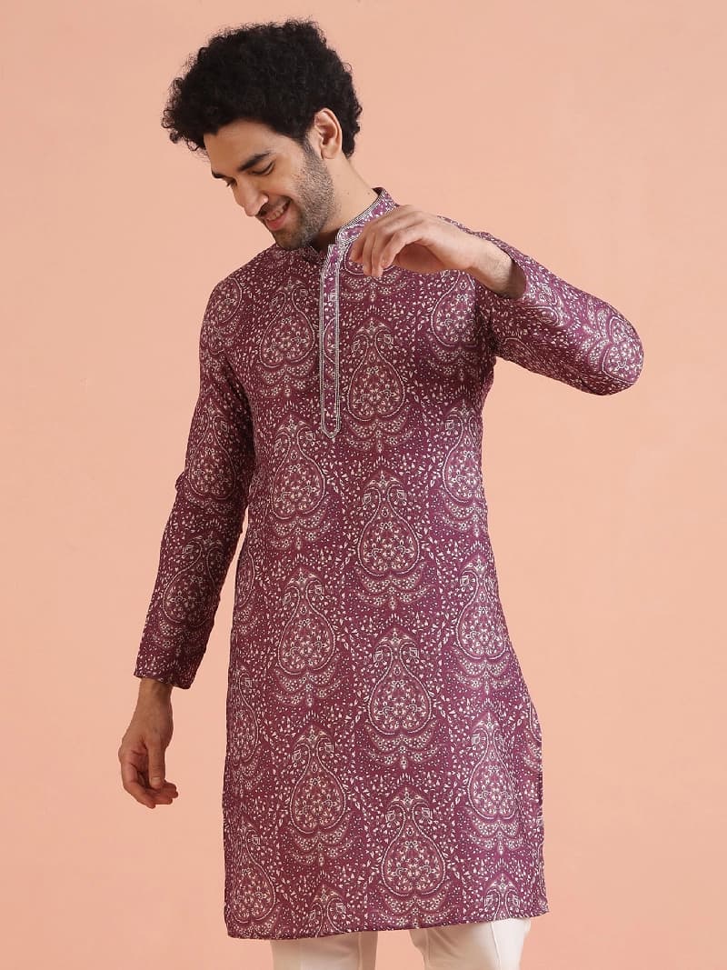 Men's Red Festive Printed Regular Fit Kurta