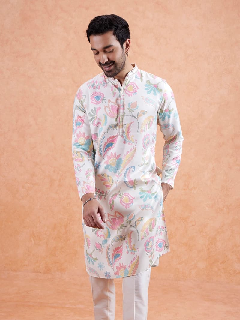 Men's White Festive Printed Regular Fit Kurta