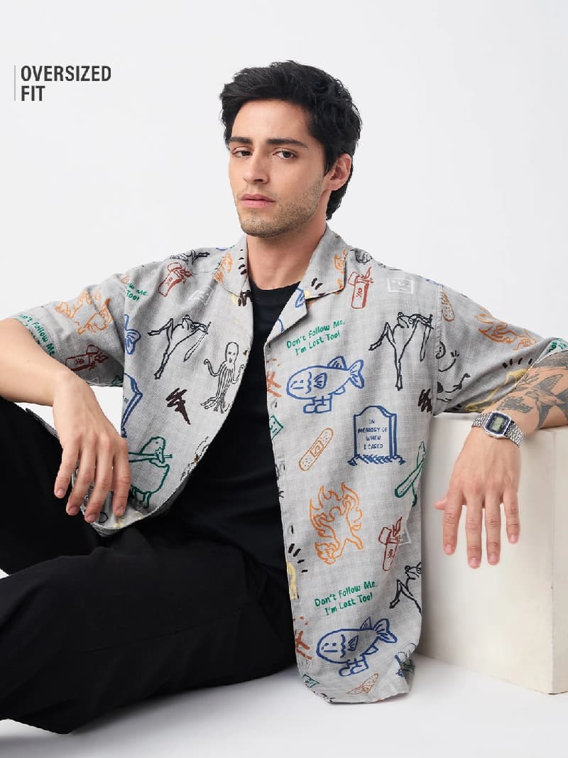 Men's Grey Casual Oversized Fit Shirt