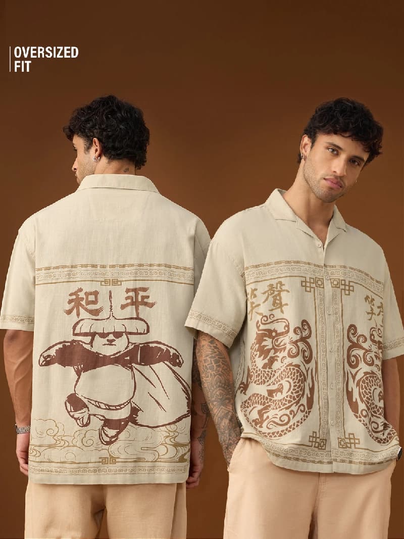 Men's Beige Casual Graphic Oversized Fit Shirt