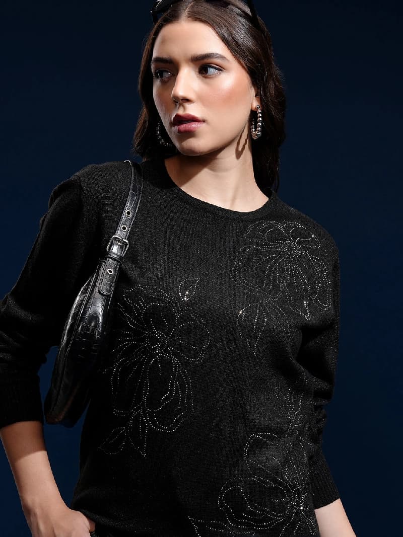 Women's Black Casual Striped Regular Fit Sweater