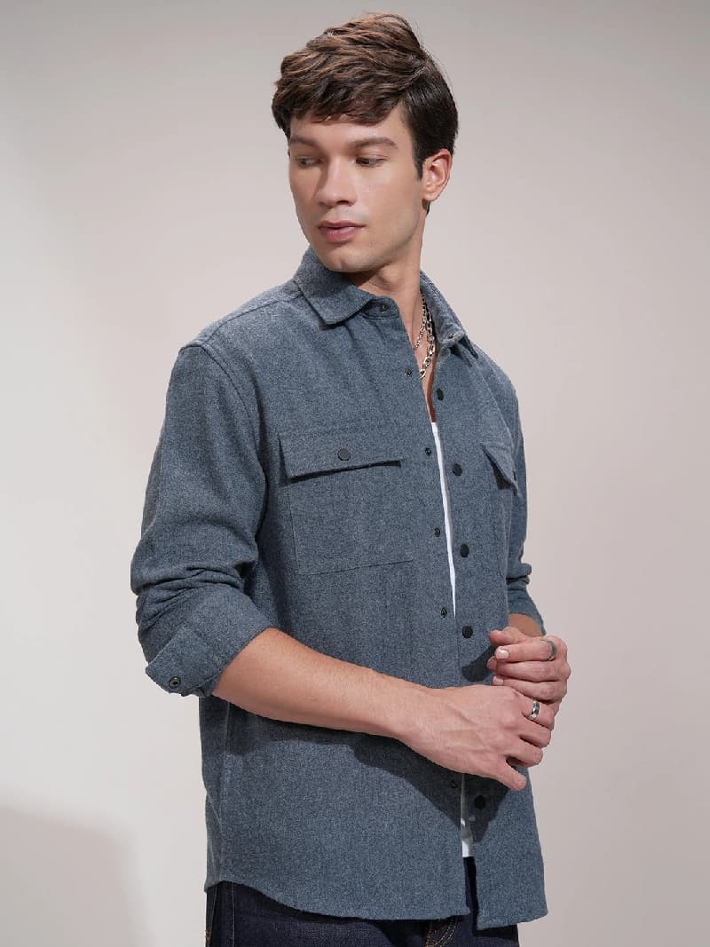 Men's Blue Casual Textured Slim Fit Shirt