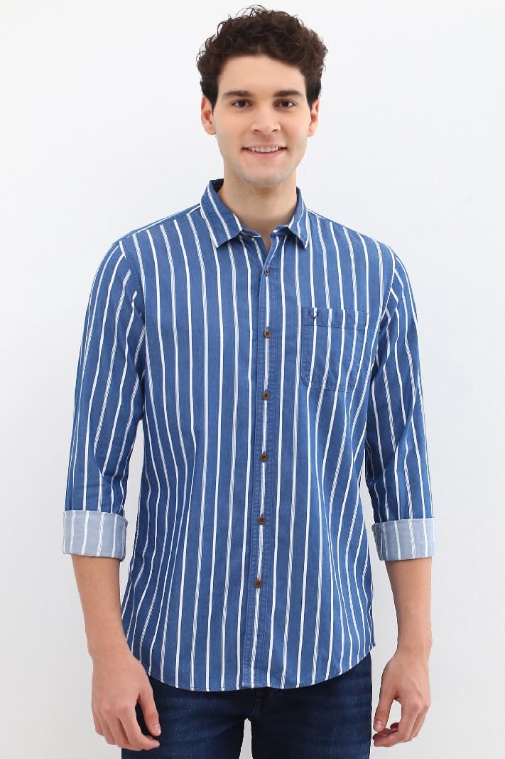 Men's Navy Casual Striped Regular Fit Shirt