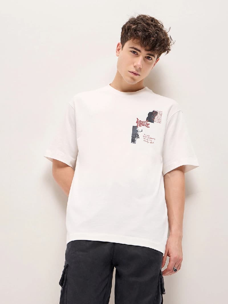 Men's White Casual Graphic Oversized Fit Tshirt