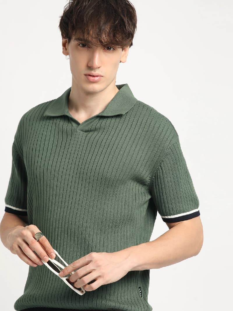 Men's Green Casual Solid Regular Fit Polo Tshirt