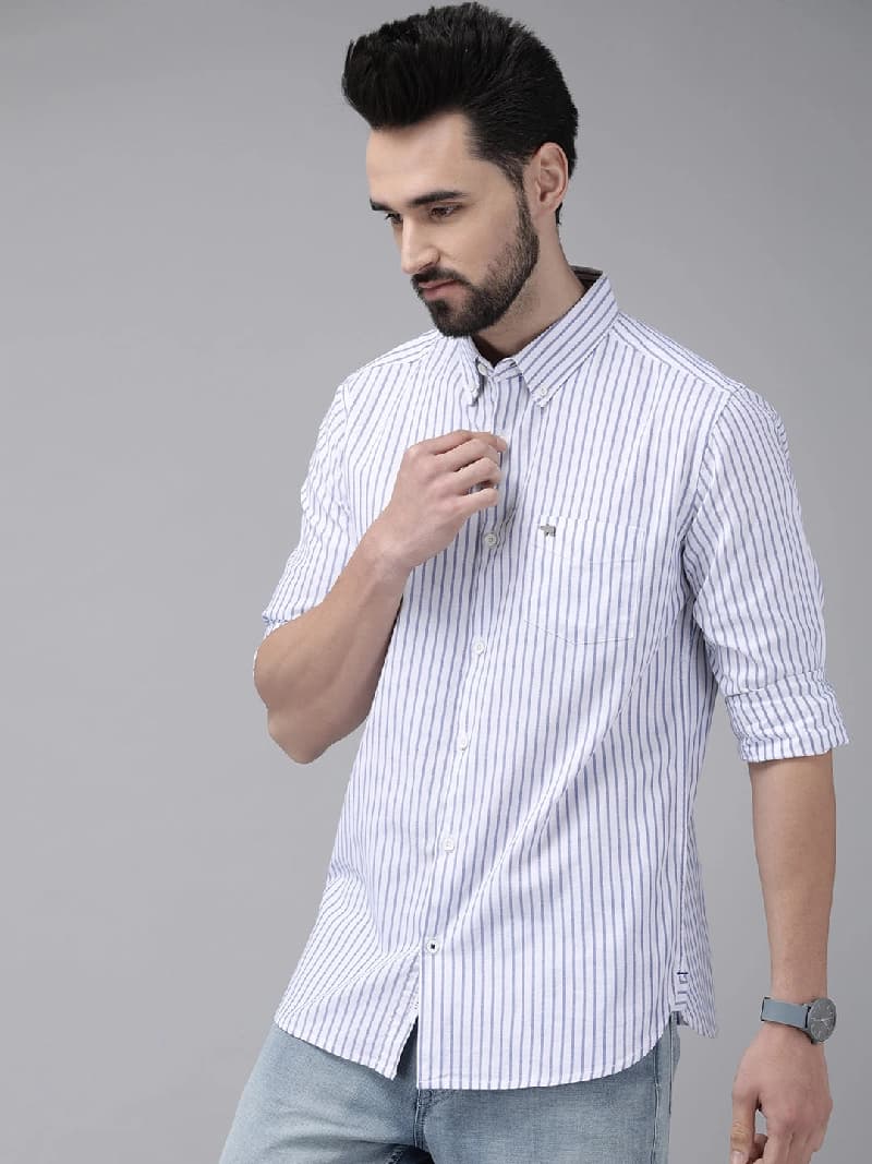 Men's White Casual Striped Slim Fit Shirt