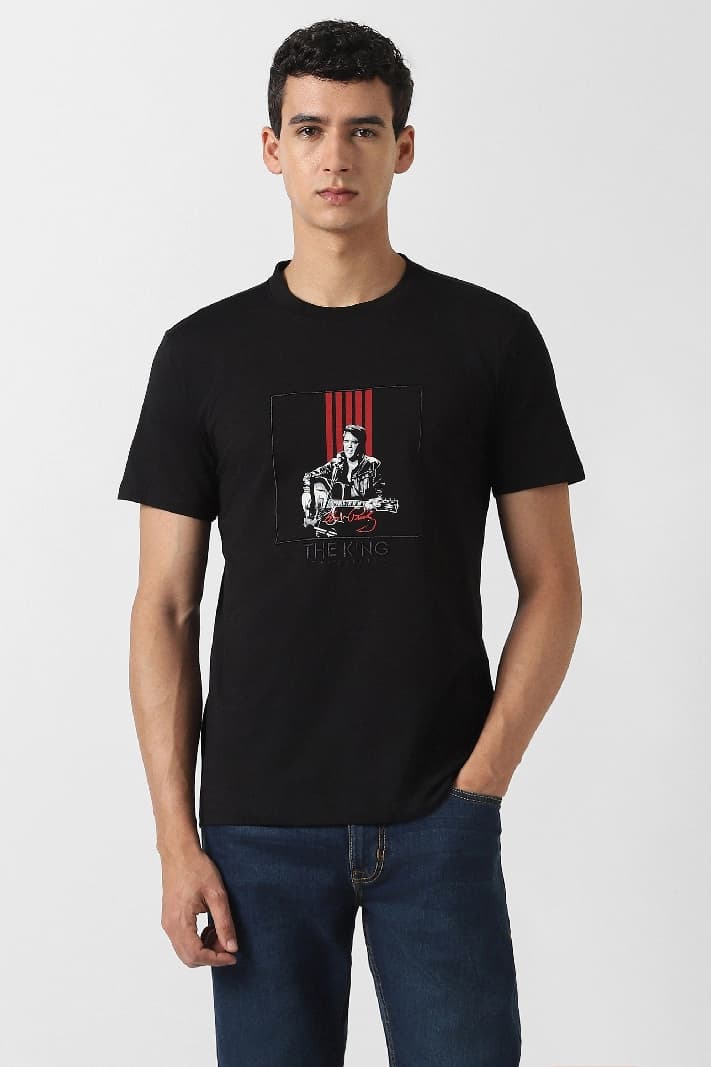 Men's Black Casual Printed Regular Fit Tshirt