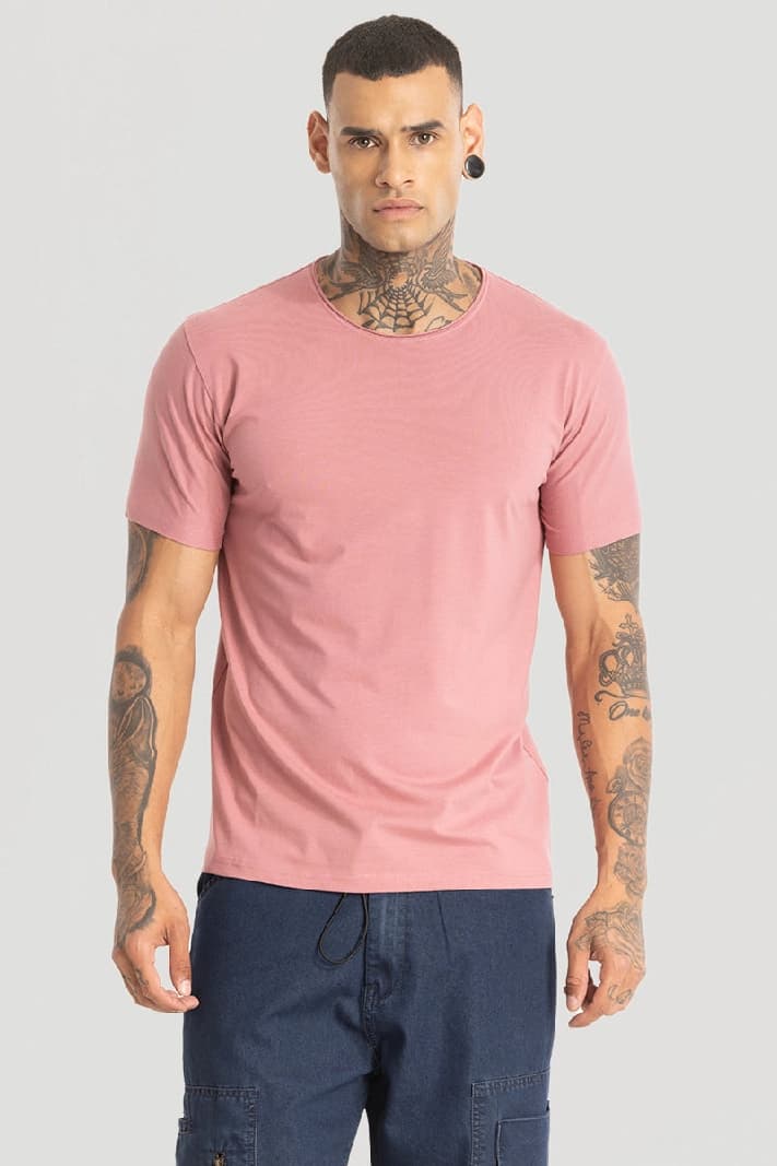 Men's Pink Casual Solid Slim Fit Tshirt