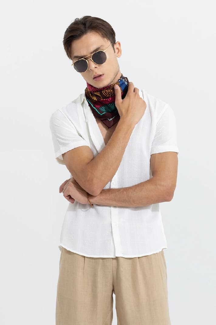 Men's White Casual Textured Slim Fit Shirt