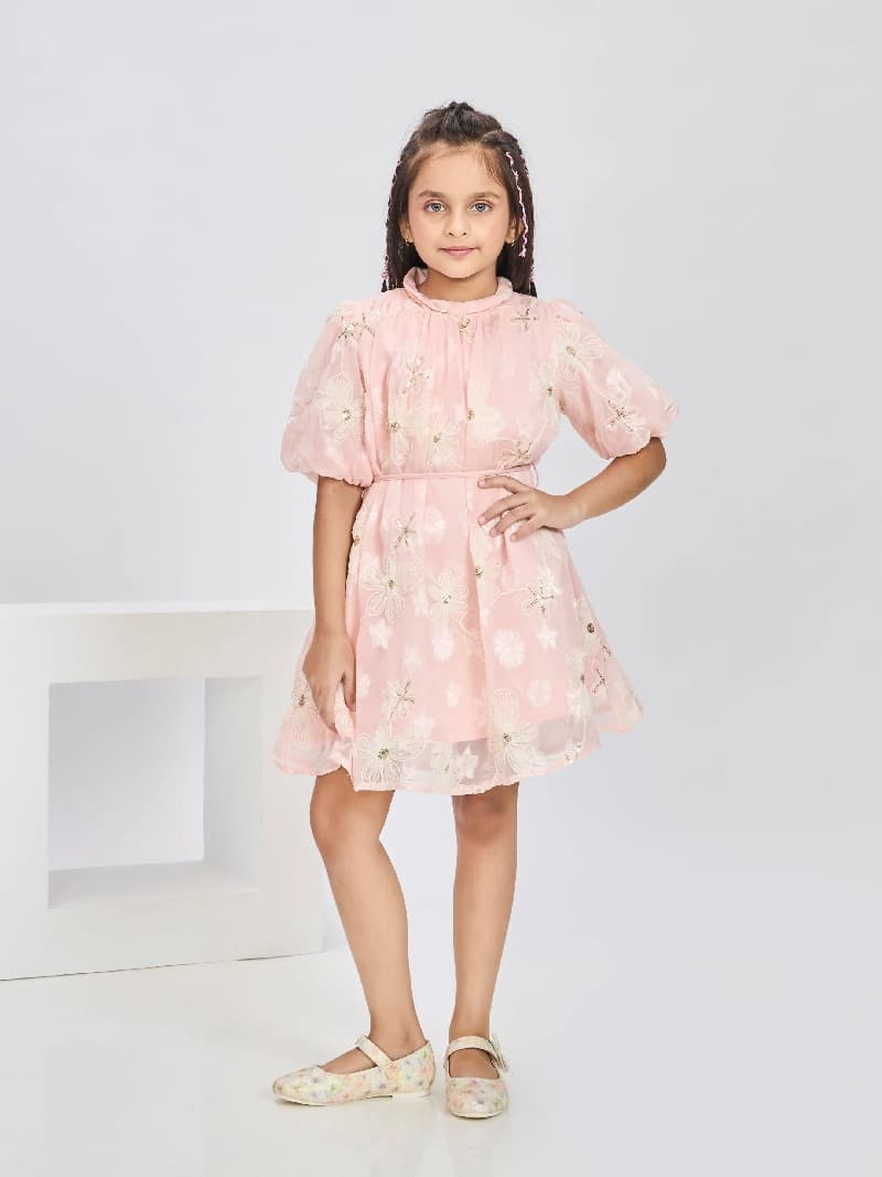 Girls Peach Party Wear Shirt Collar Dress with Belt
